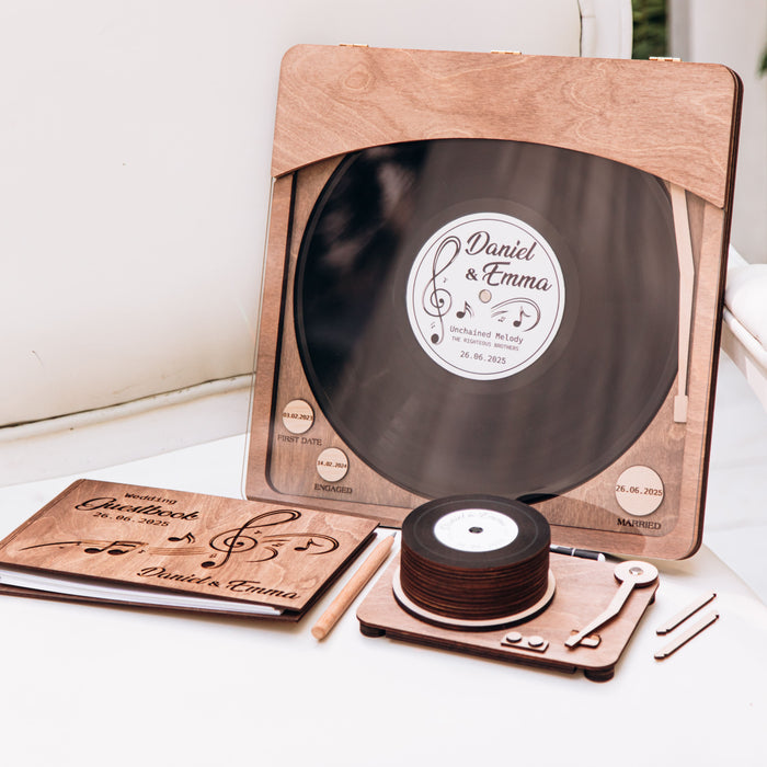 Vynil Reсord Guest Book Cover with Player Box, Guestbook and Coasters