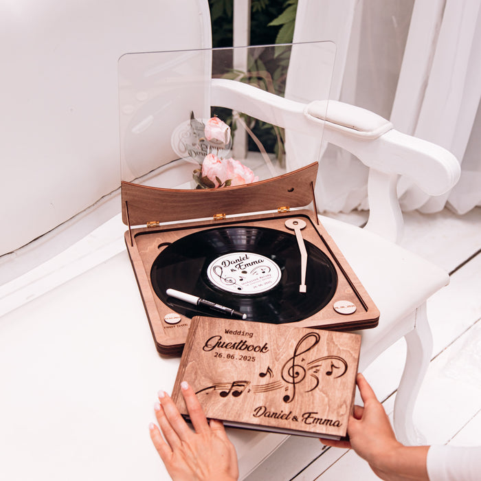 Vynil Reсord Guest Book Cover with Player Box, Guestbook and Coasters